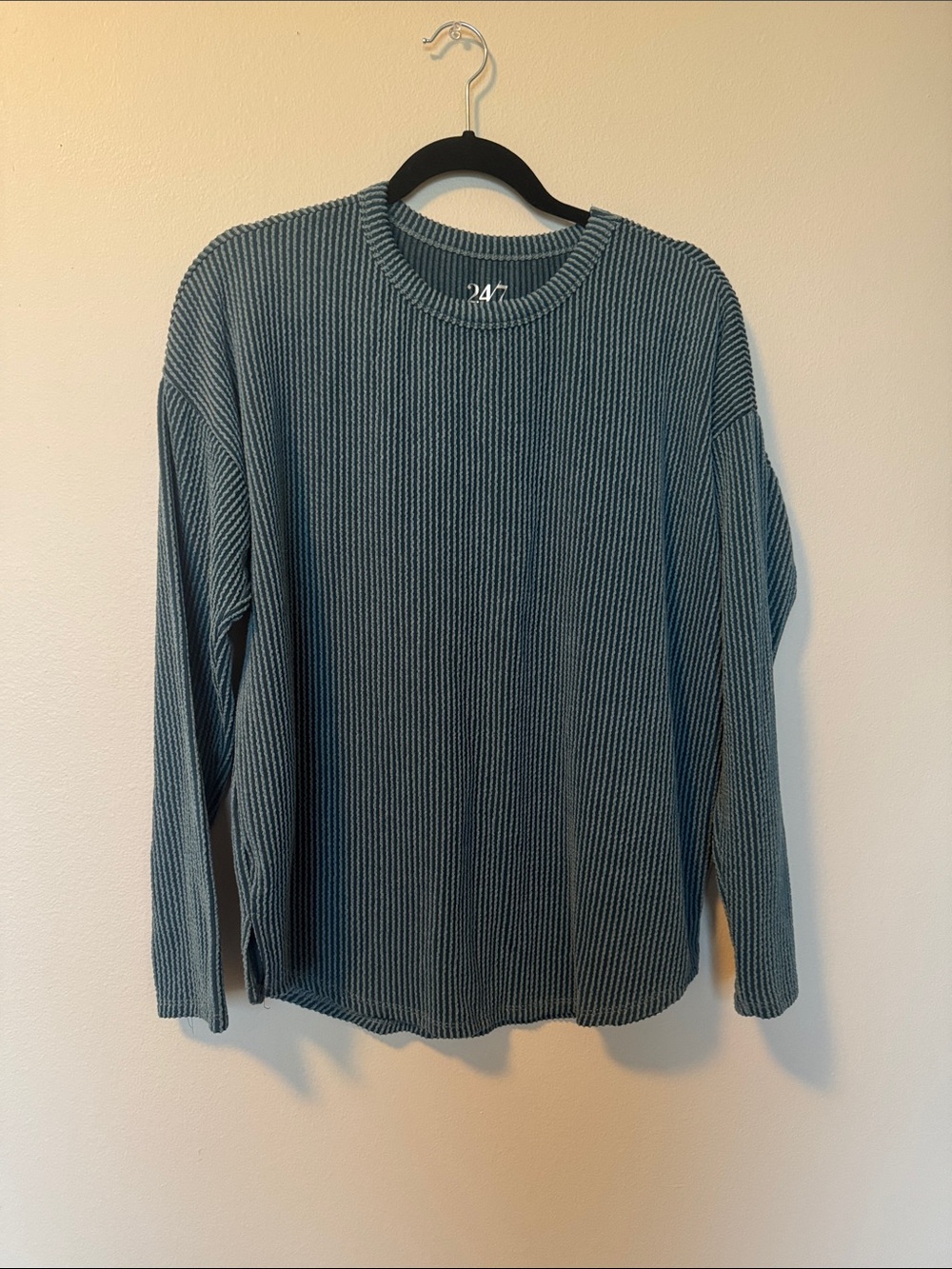 Maurices 24/7 Striped Ribbed Crewneck Long Sleeve Top Blue